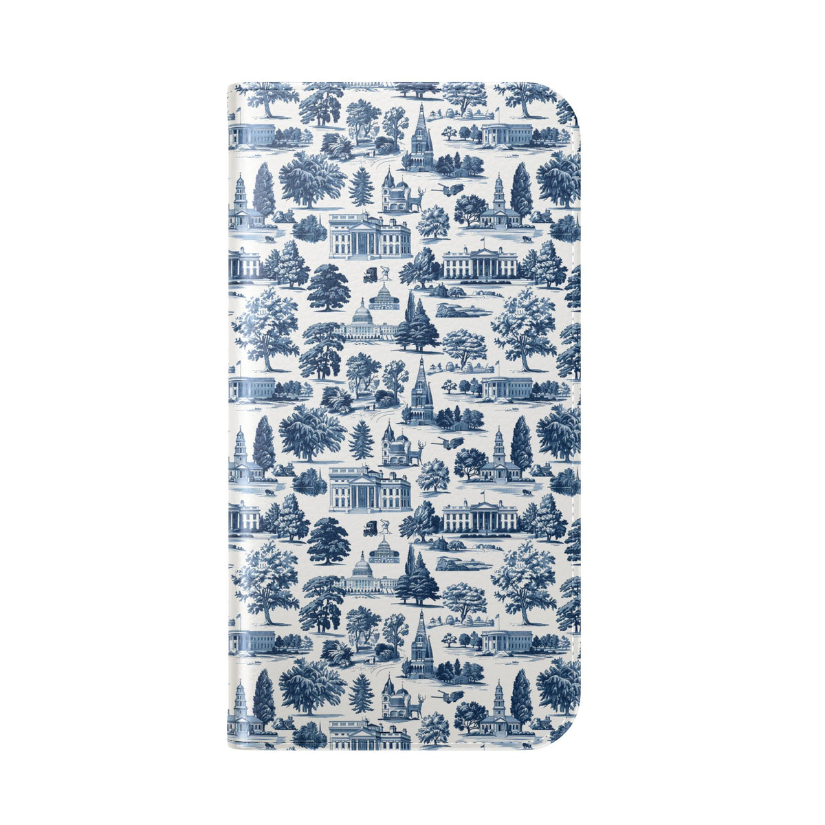 Vintage Toile Flip Phone Case — Blue Scenic Wallet Cover with Card Slots