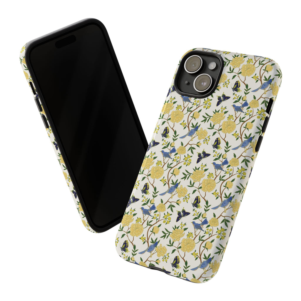 Floral Bird Tough Phone Case — Yellow Rose Pattern, Slim Protective iPhone Cover