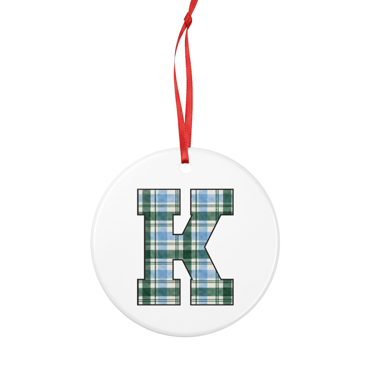 Plaid Letter K Ceramic Ornament — Monogram Initial Holiday Ornament