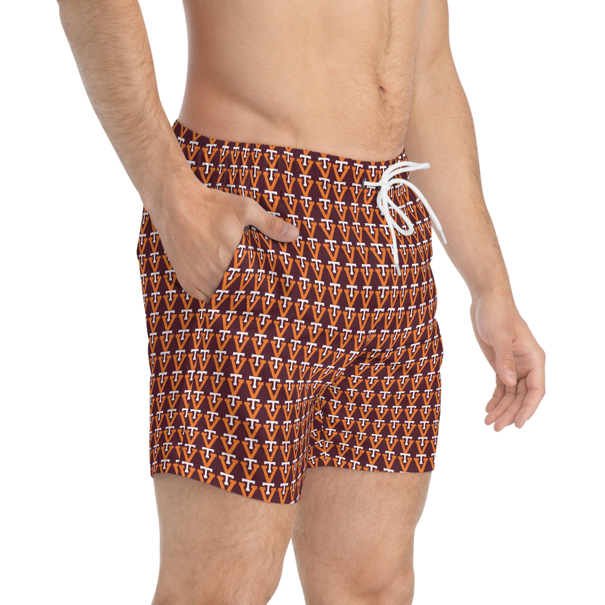 Geometric V Monogram Swim Trunks — Retro Brown All-Over Print