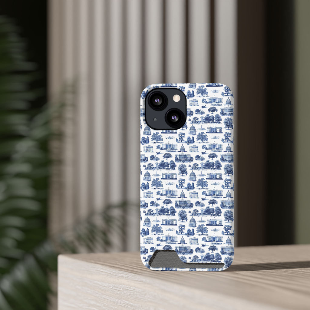 Blue Toile Phone Card Case — Slim Wallet Phone Case with Scenic Pattern
