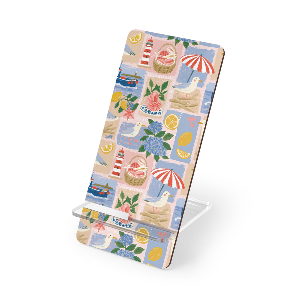 Beach Pattern Phone Stand — Foldable Mobile Display Stand with Seaside Illustration