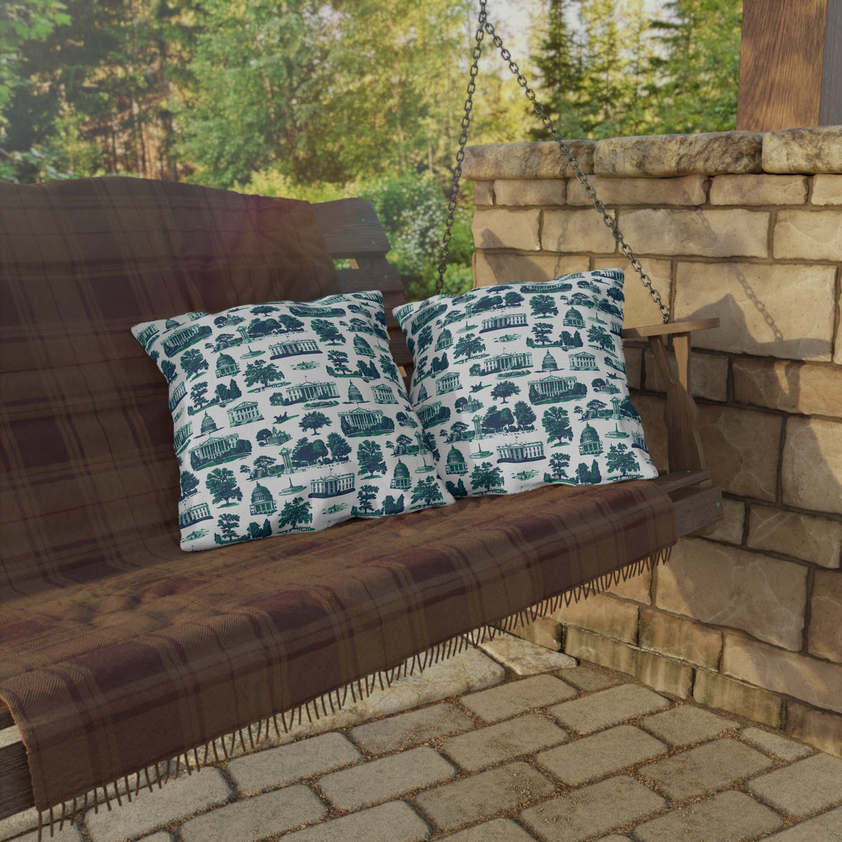 Outdoor Pillow — Blue Washington D.C. Landmark Toile Pattern