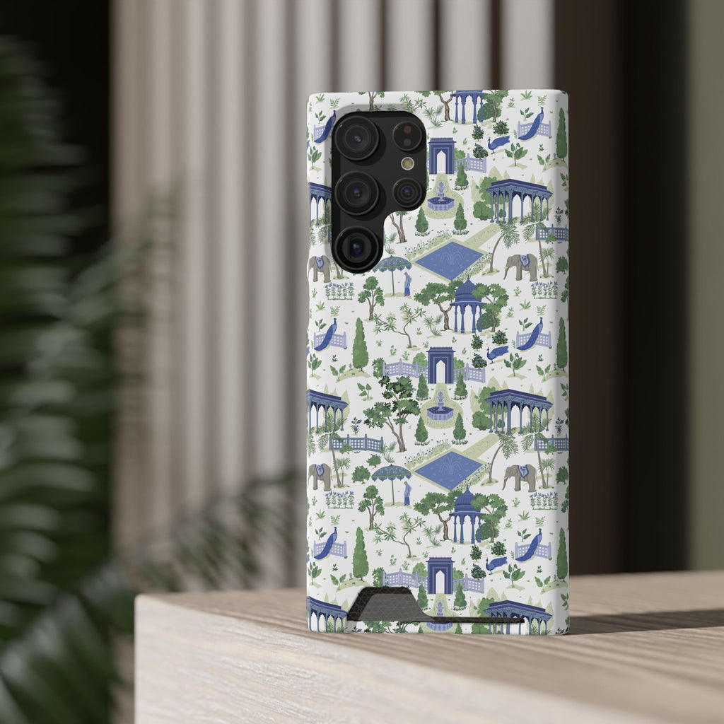 Garden Pavilion Cardholder Phone Case — Blue & Green Scenic Park Design