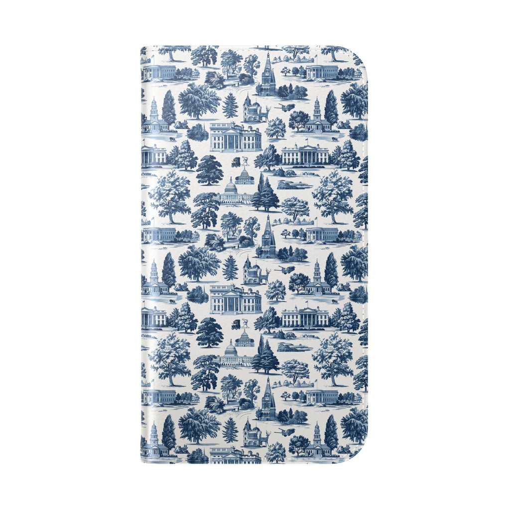 Vintage Toile Flip Phone Case — Blue Scenic Wallet Cover with Card Slots