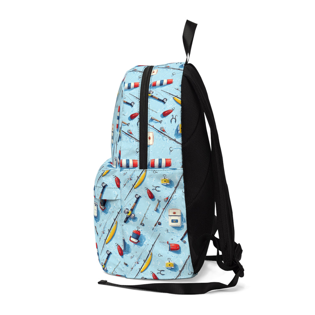 Fishing Gear Pattern Backpack — Light Blue Angler Print School & Travel Bag
