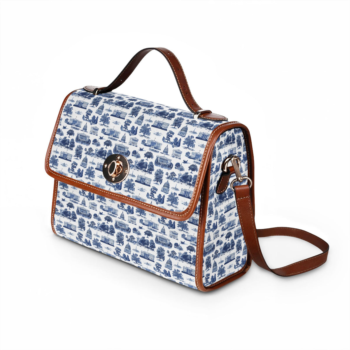 Blue Toile Waterproof Canvas Bag — Vintage Scenic Print Crossbody Tote