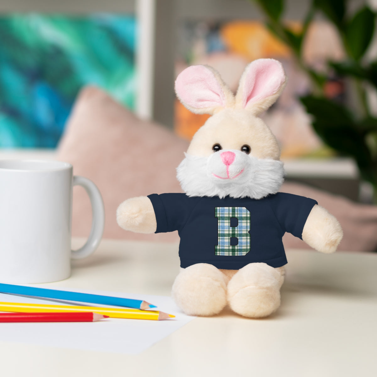 Plush Bear with Plaid Monogram Tee — Personalized Initial 'B' Stuffed Animal Gift