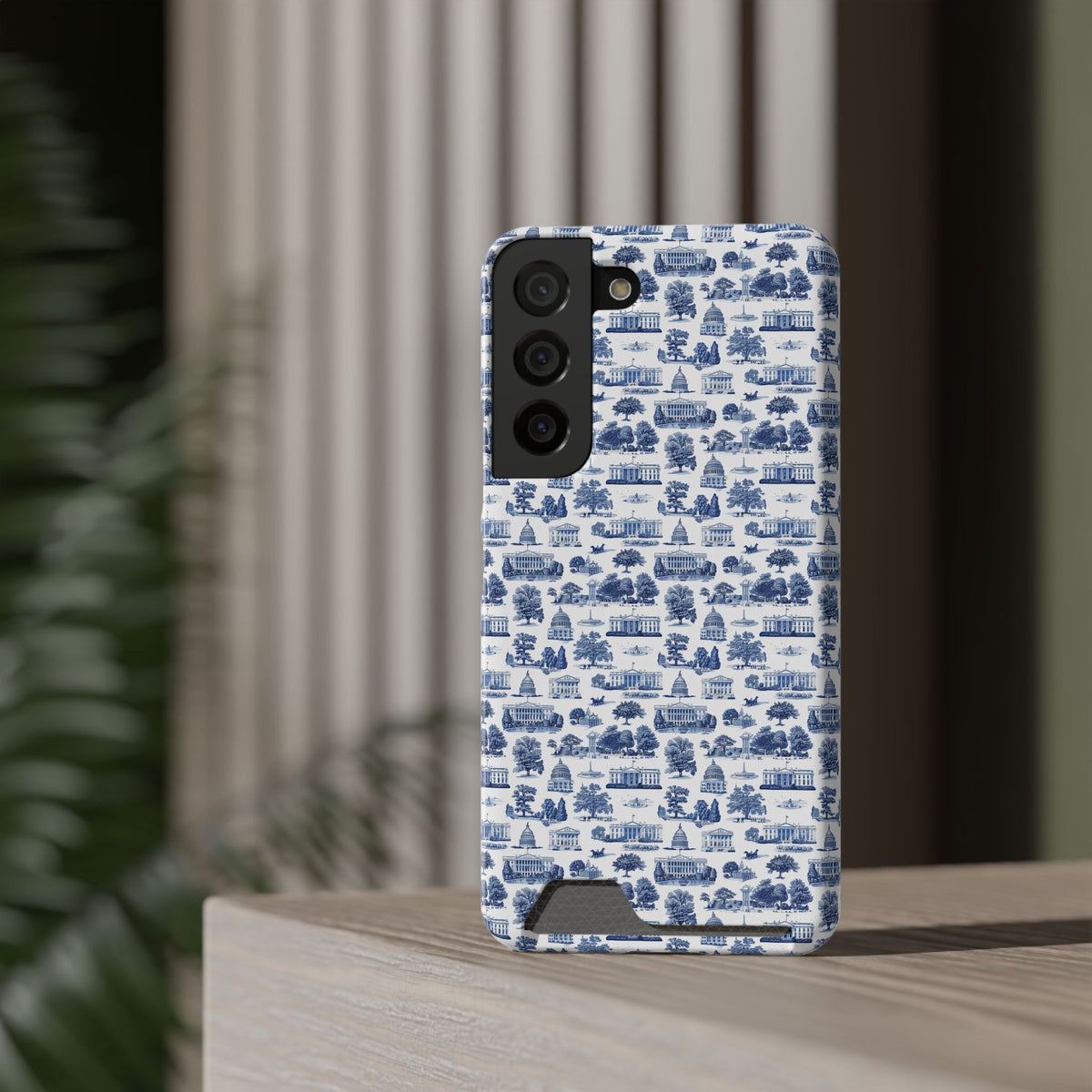 Blue Toile Phone Card Case — Vintage Scenic Pattern Phone Case with Card Holder