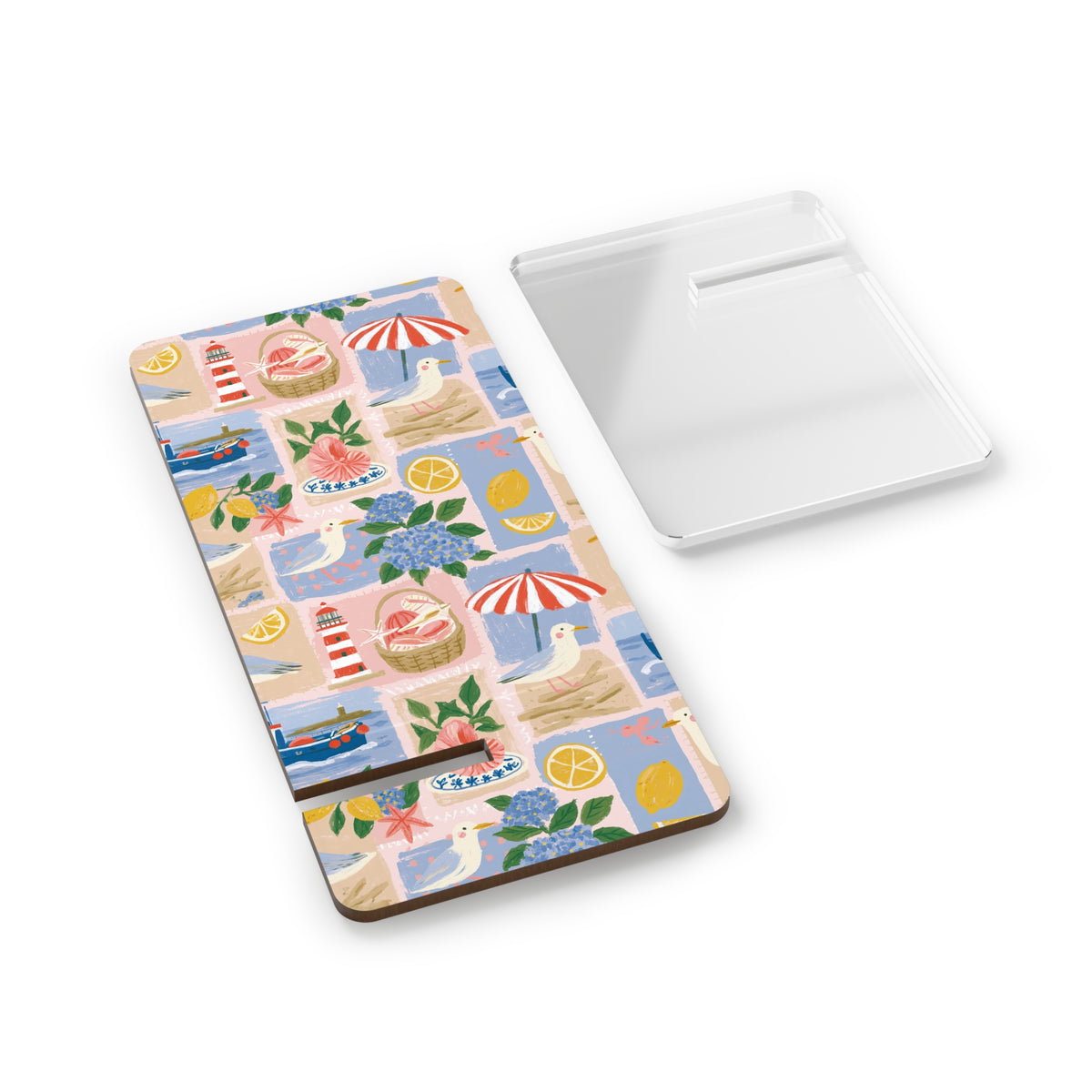 Beach Pattern Phone Stand — Foldable Mobile Display Stand with Seaside Illustration
