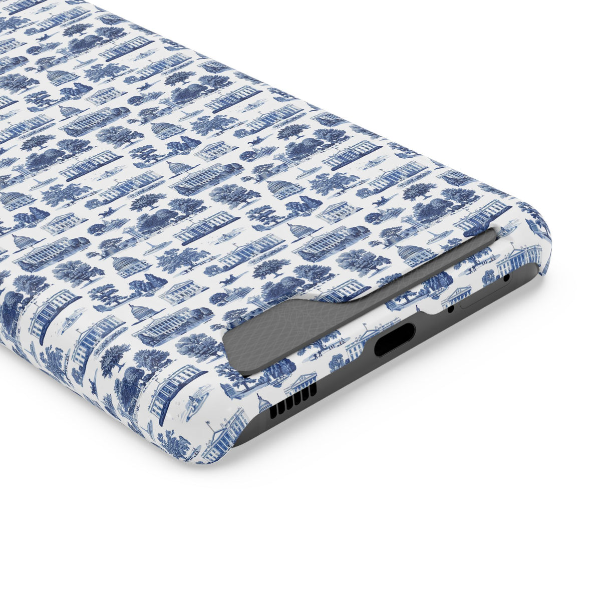 Blue Toile Phone Card Case — Vintage Scenic Pattern Phone Case with Card Holder