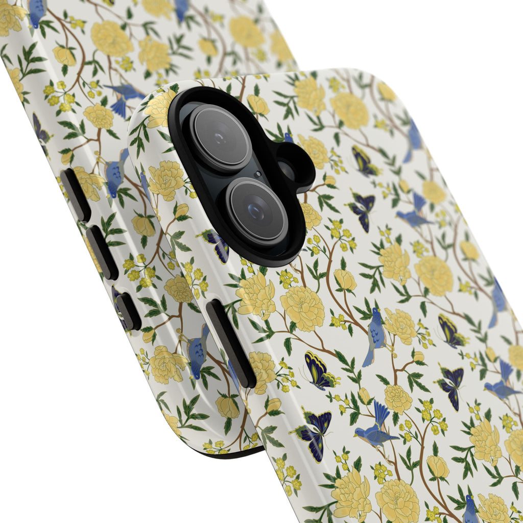 Floral Bird Tough Phone Case — Yellow Rose Pattern, Slim Protective iPhone Cover