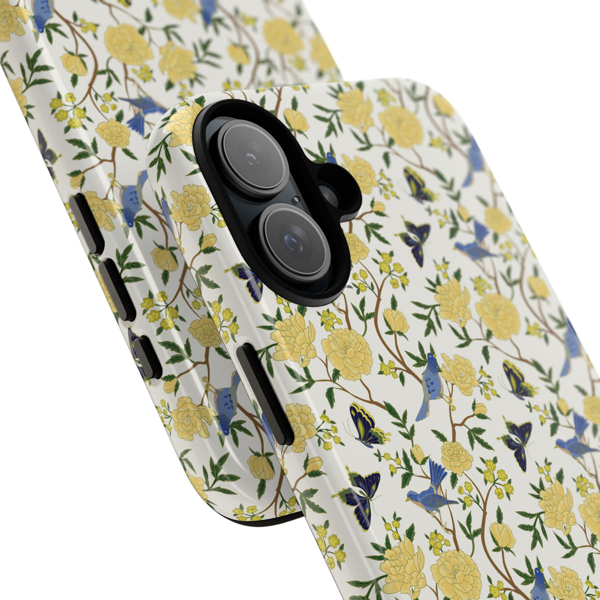 Floral Bird Tough Phone Case — Yellow Rose Pattern, Slim Protective iPhone Cover