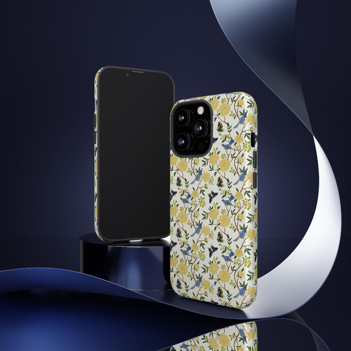 Floral Bird Tough Phone Case — Yellow Rose Pattern, Slim Protective iPhone Cover