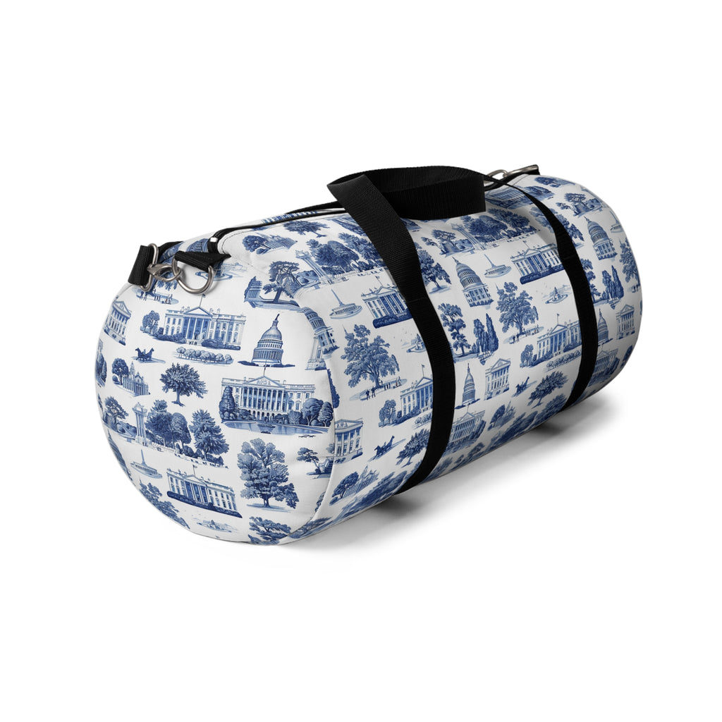 Blue Toile Travel Duffel Bag — Classic Scenic Print Weekender