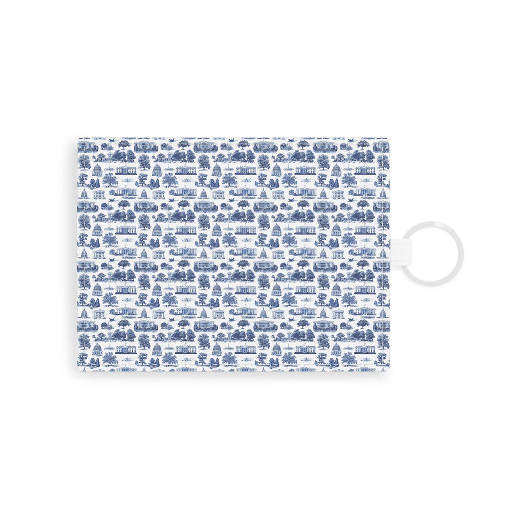 Blue Toile Saffiano Leather Card Holder — Slim Card Case with Keyring