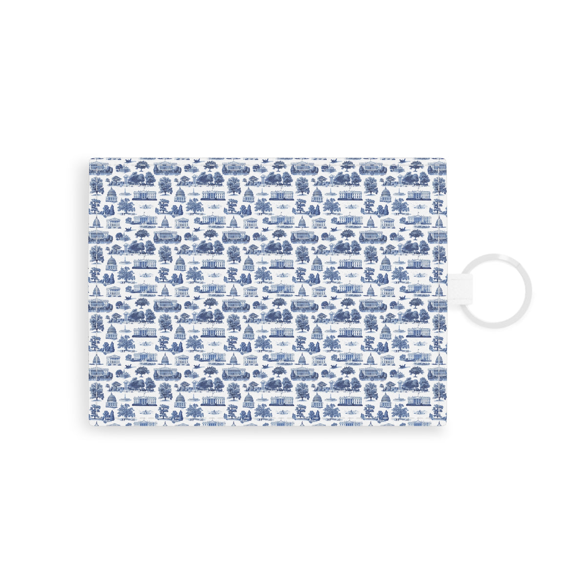 Blue Toile Saffiano Leather Card Holder — Slim Card Case with Keyring