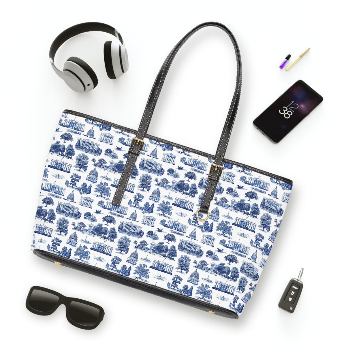 Blue Toile Print PU Shoulder Bag
