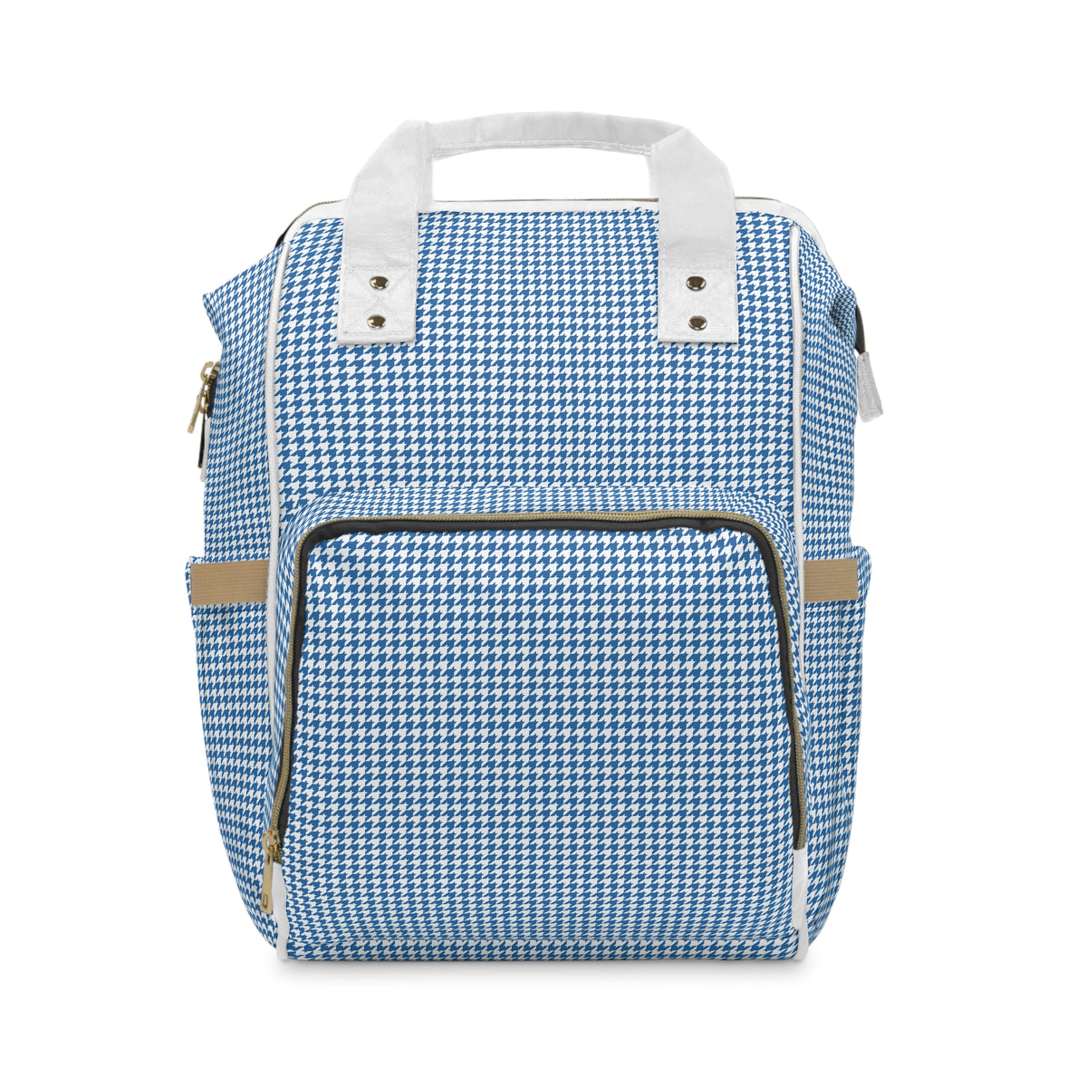 Blue Houndstooth Multifunctional Diaper Backpack — Insulated Pockets, Changing Mat & Stroller Straps
