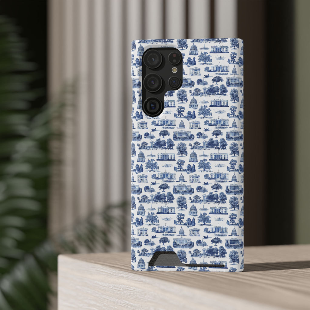 Blue Toile Phone Card Case — Slim Wallet Phone Case with Scenic Pattern