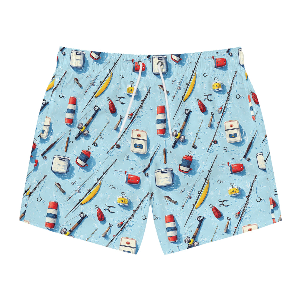 Fishing Gear Pattern Swim Trunks — Men's Nautical Beach Shorts