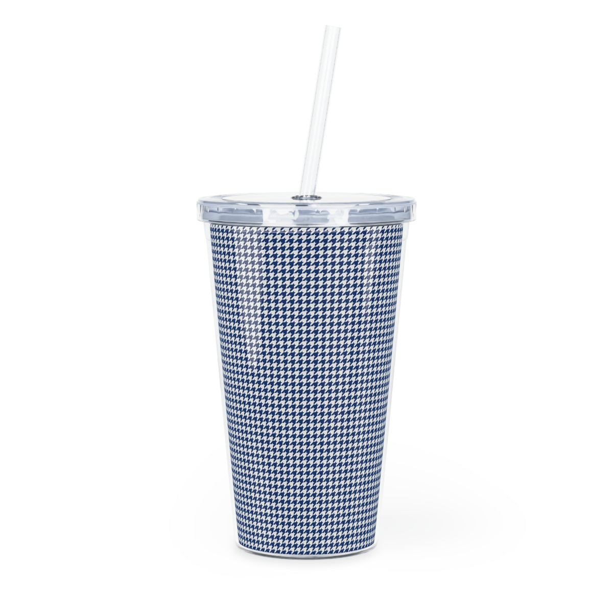 Blue Houndstooth Plastic Tumbler with Straw — Insulated Travel Cup