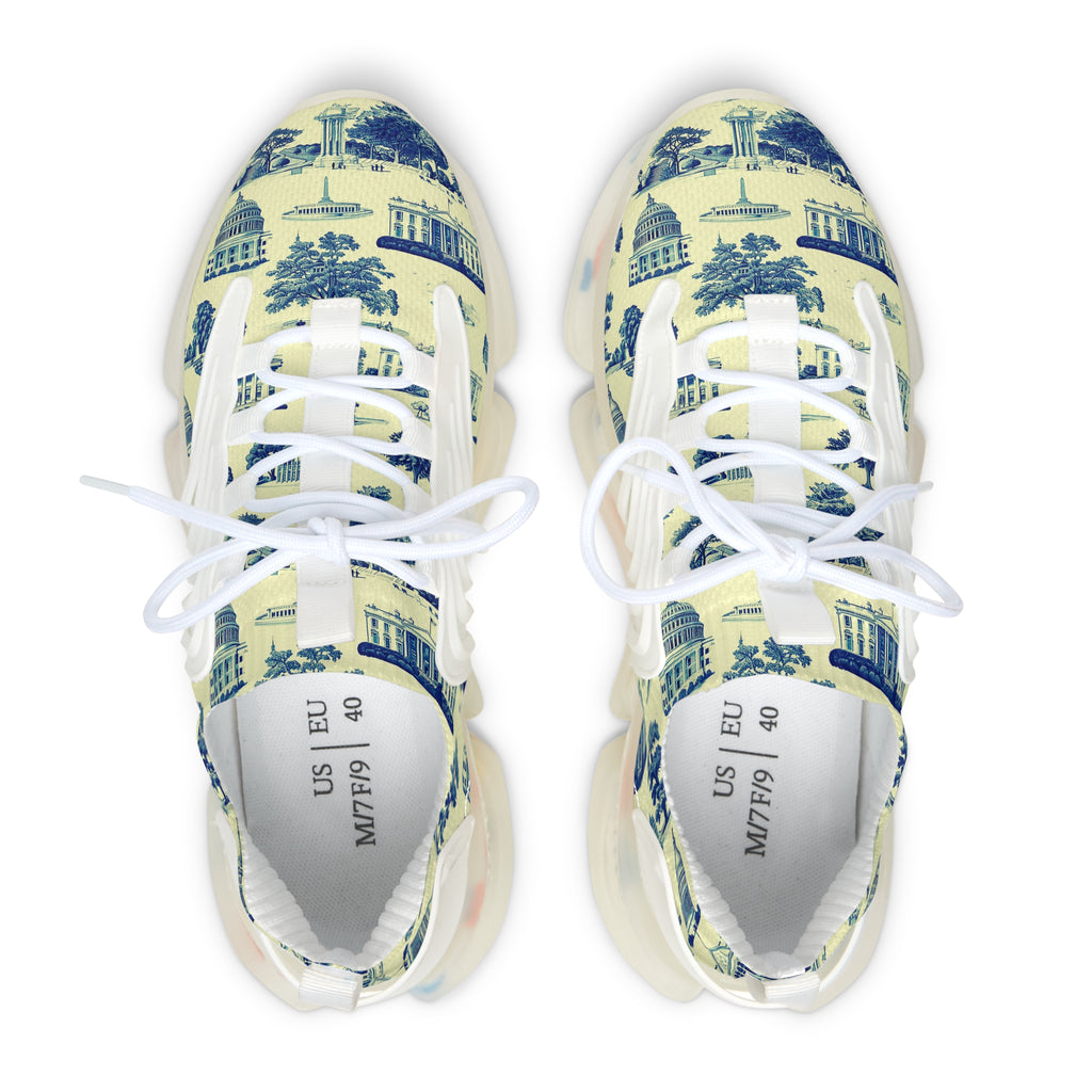 Mesh Sneakers — Vintage Architectural Print Women's Athletic Shoes