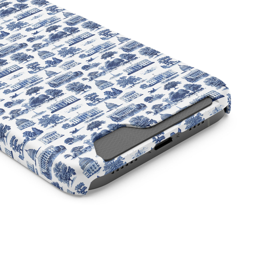 Blue Toile Phone Card Case — Slim Wallet Phone Case with Scenic Pattern
