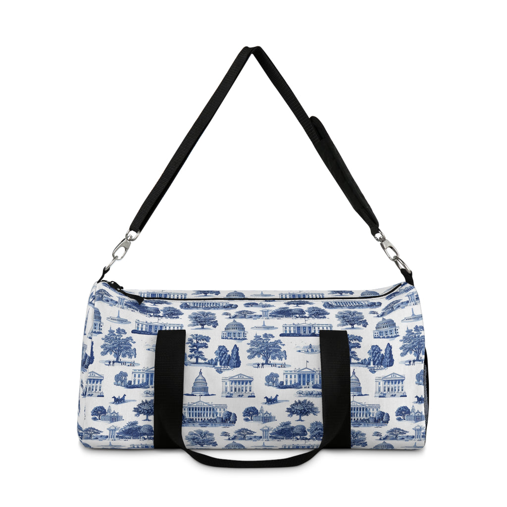 Blue Toile Travel Duffel Bag — Classic Scenic Print Weekender