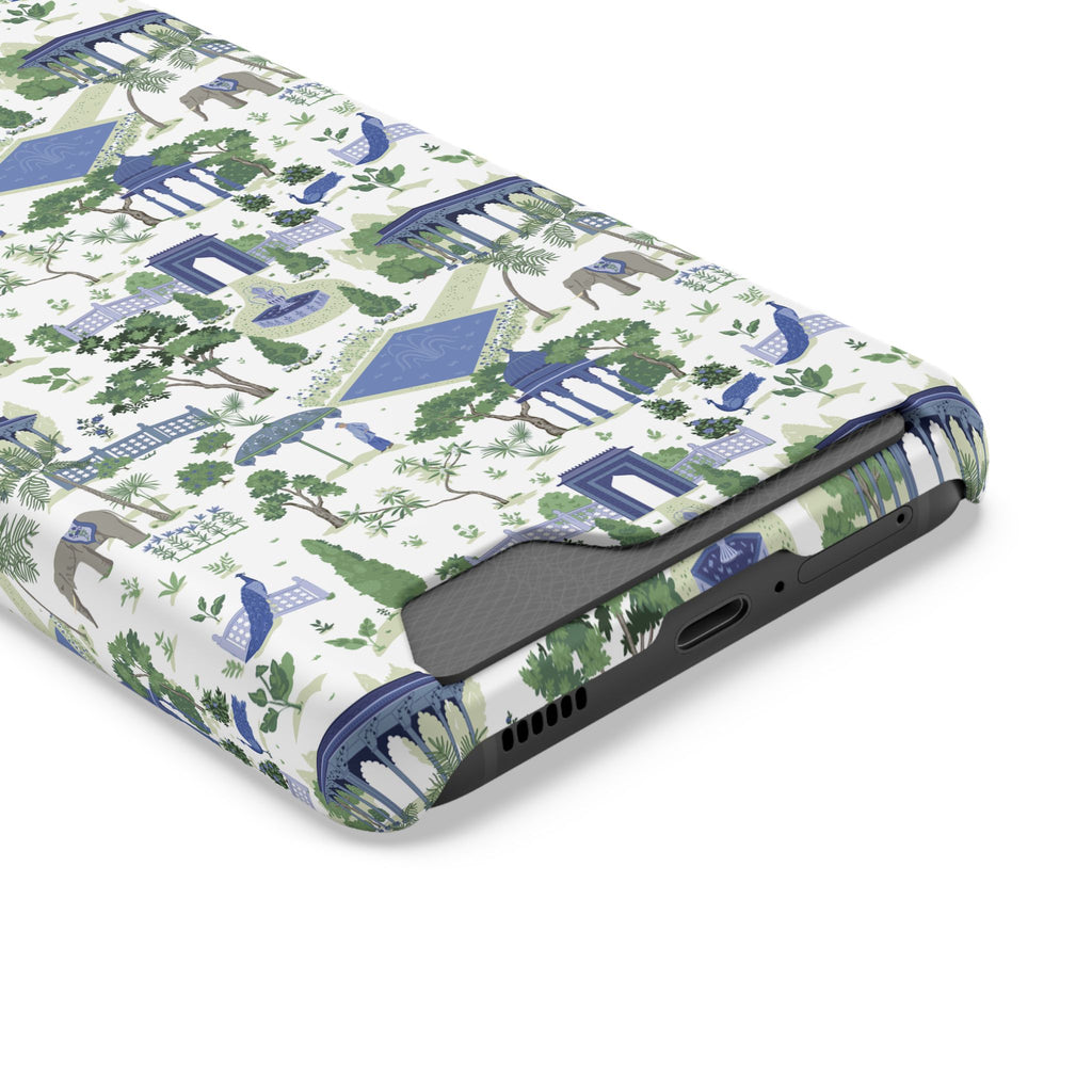 Garden Pavilion Cardholder Phone Case — Blue & Green Scenic Park Design