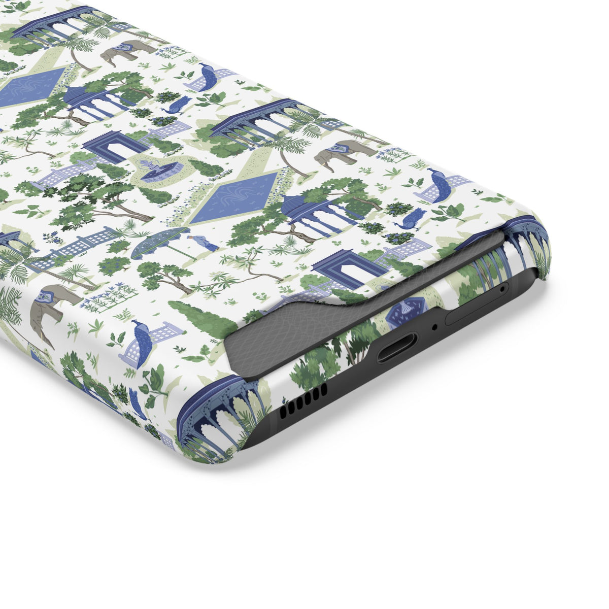 Garden Pavilion Cardholder Phone Case — Blue & Green Scenic Park Design