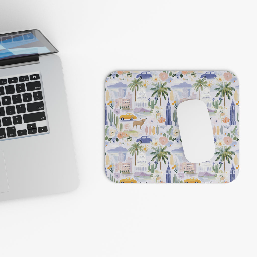 California Watercolor Pattern Rectangle Mouse Pad — Palm Trees, Retro Cars & Coastal Icons
