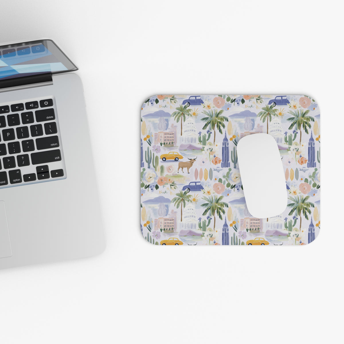 California Watercolor Pattern Rectangle Mouse Pad — Palm Trees, Retro Cars & Coastal Icons