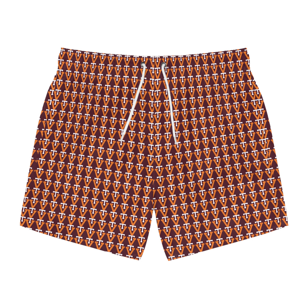 Retro Geometric Swim Trunks — Brown Orange Patterned AOP