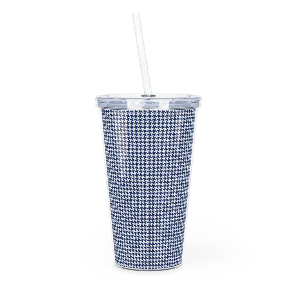 Blue Houndstooth Plastic Tumbler with Straw — Insulated Travel Cup