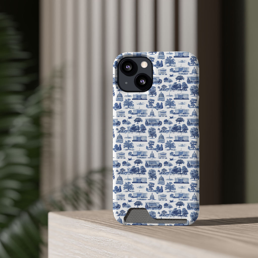 Blue Toile Phone Card Case — Slim Wallet Phone Case with Scenic Pattern