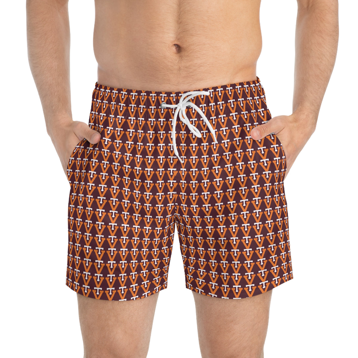 Geometric V Monogram Swim Trunks — Retro Brown All-Over Print