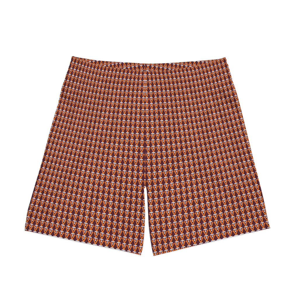Men's Patterned Beach Shorts — Retro Brown Geo All-Over Print