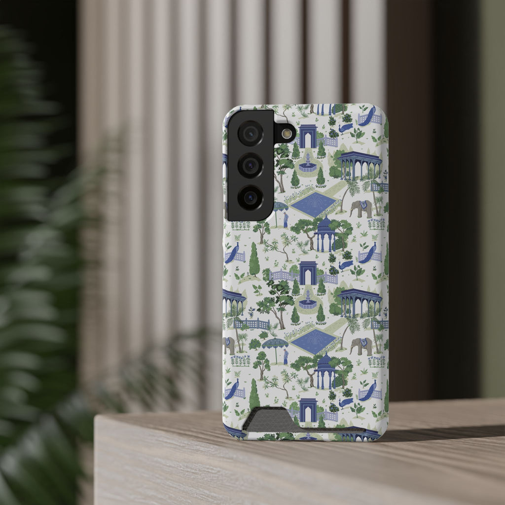 Garden Pavilion Cardholder Phone Case — Blue & Green Scenic Park Design