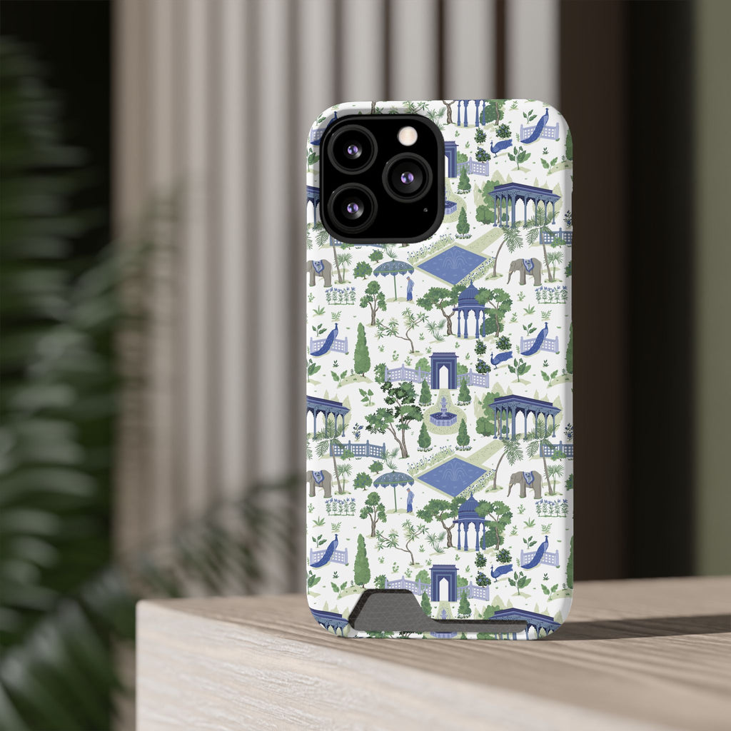 Garden Pavilion Cardholder Phone Case — Blue & Green Scenic Park Design