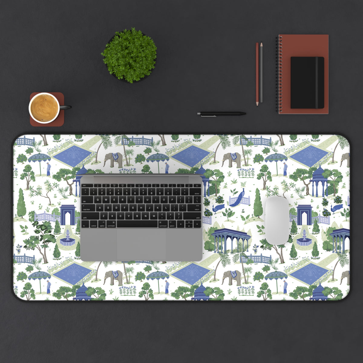 Garden Gazebo Desk Mat — Blue & Green Park Pattern Mouse Pad