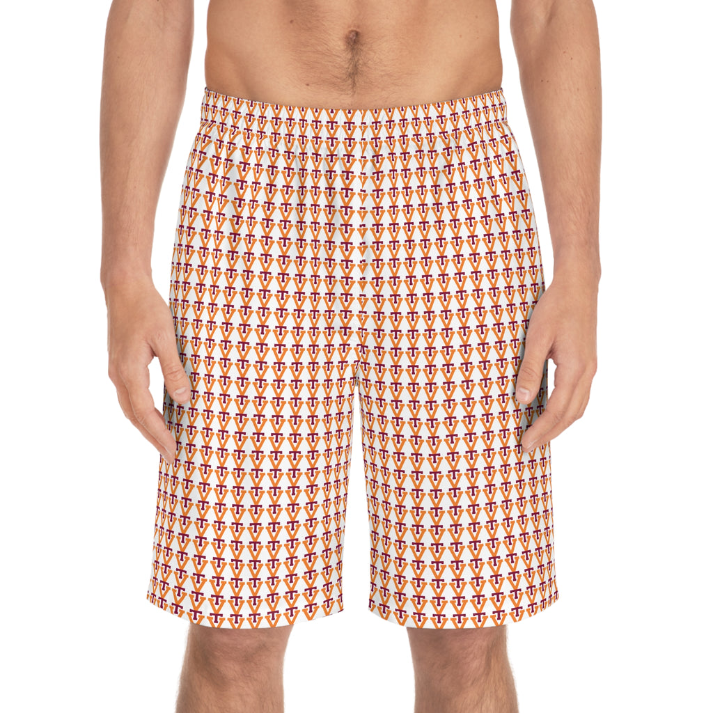 Retro Surf Shield Pattern Board Shorts — Men's All-Over Print Swim Trunks