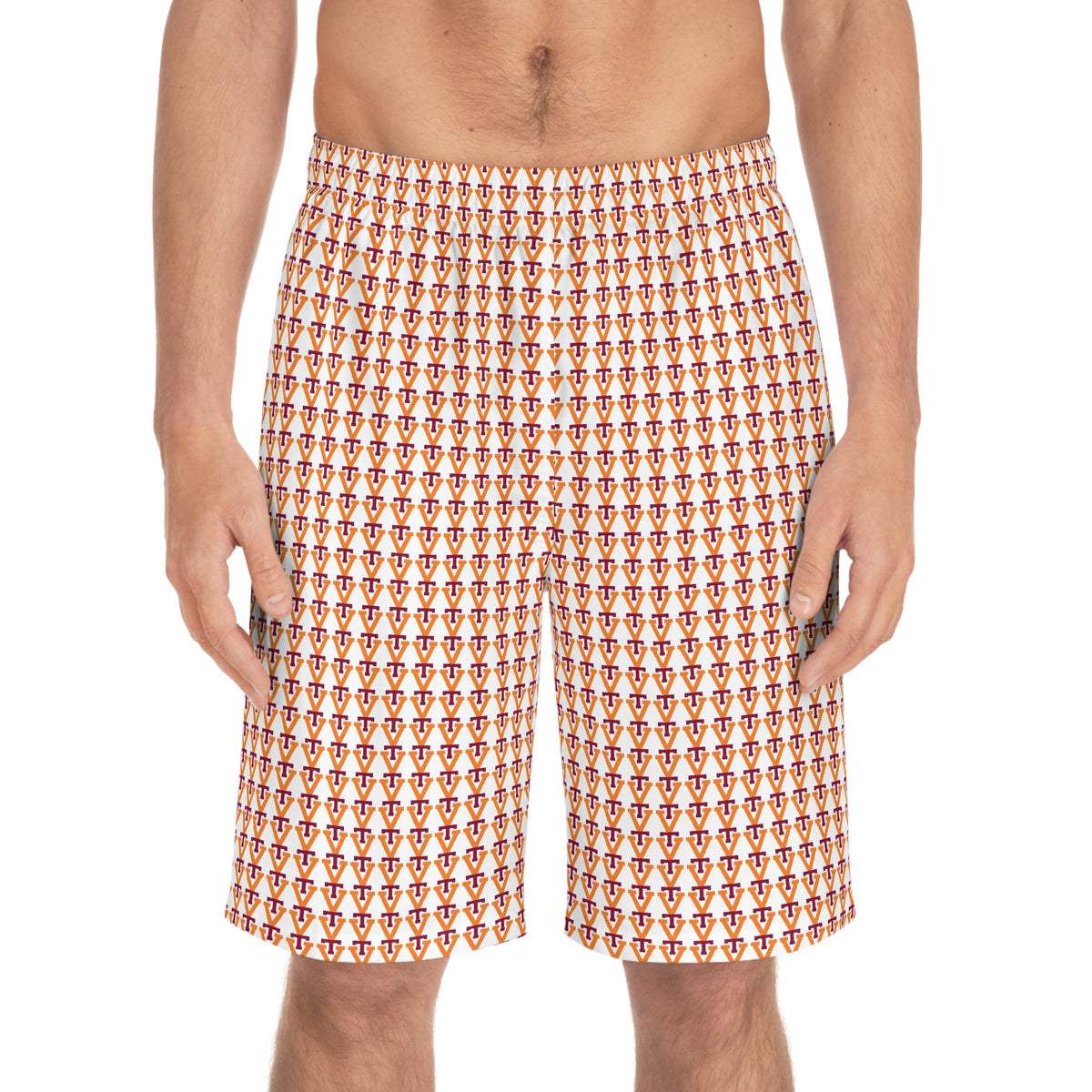 Retro Surf Shield Pattern Board Shorts — Men's All-Over Print Swim Trunks
