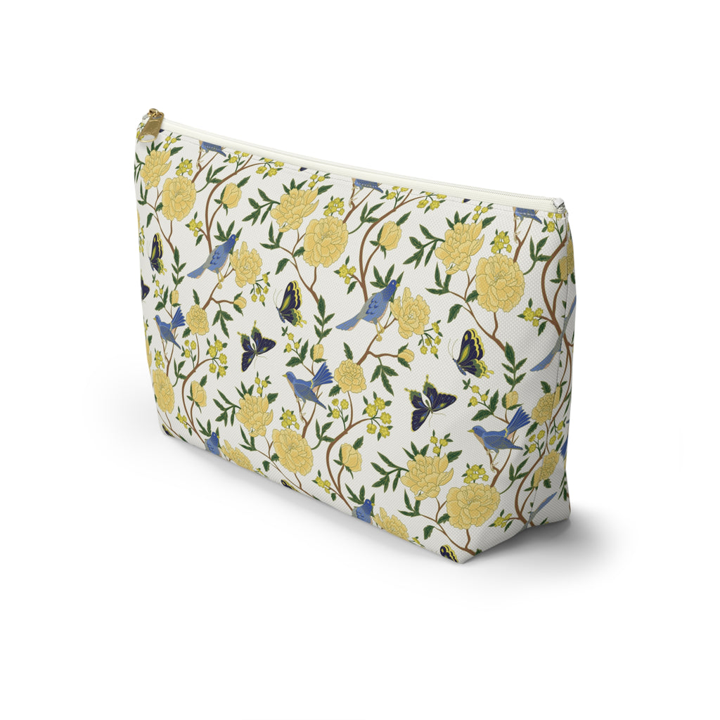 Floral Bird Accessory Pouch — Yellow Rose & Bluebird Cosmetic Bag