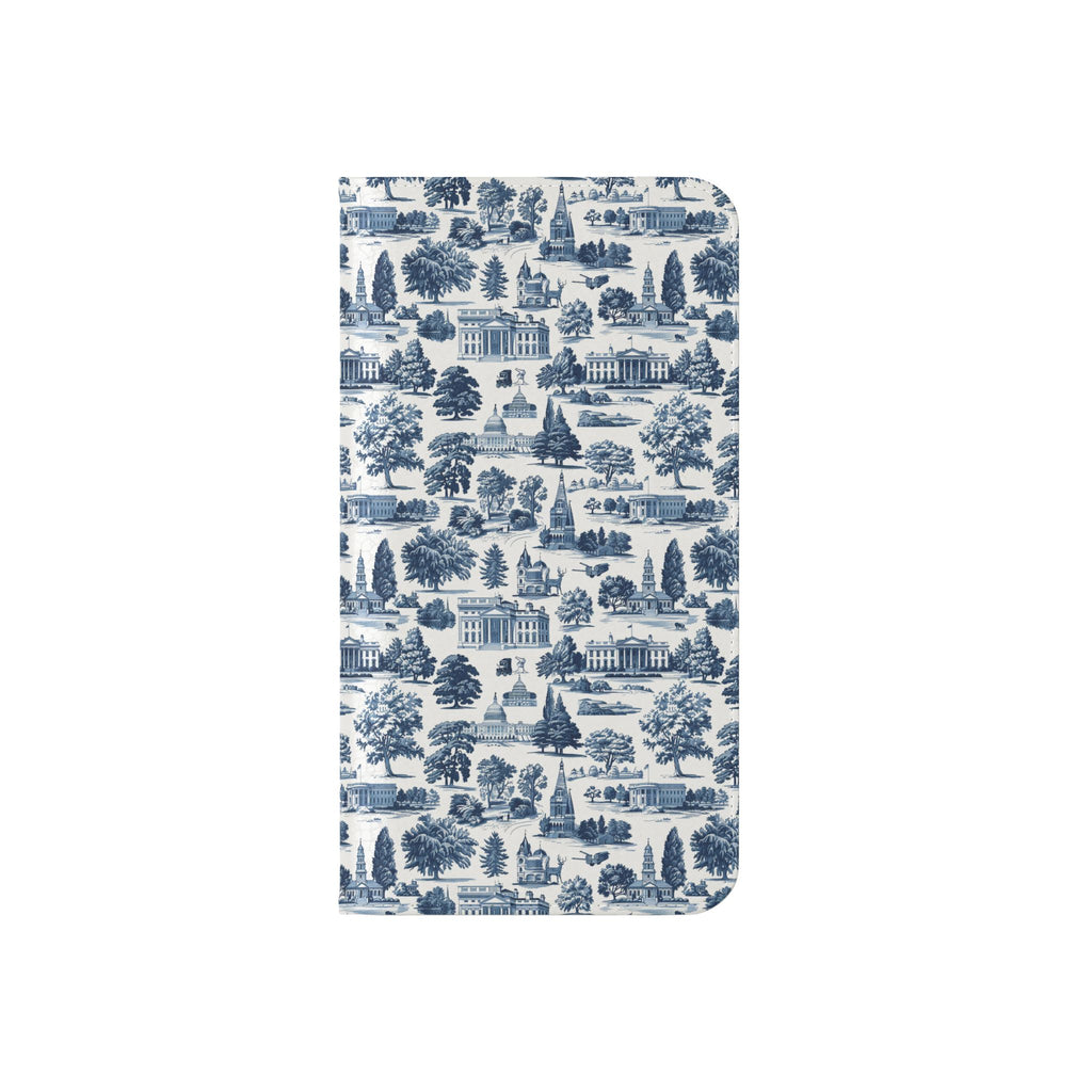 Vintage Toile Flip Phone Case — Blue Scenic Wallet Cover with Card Slots
