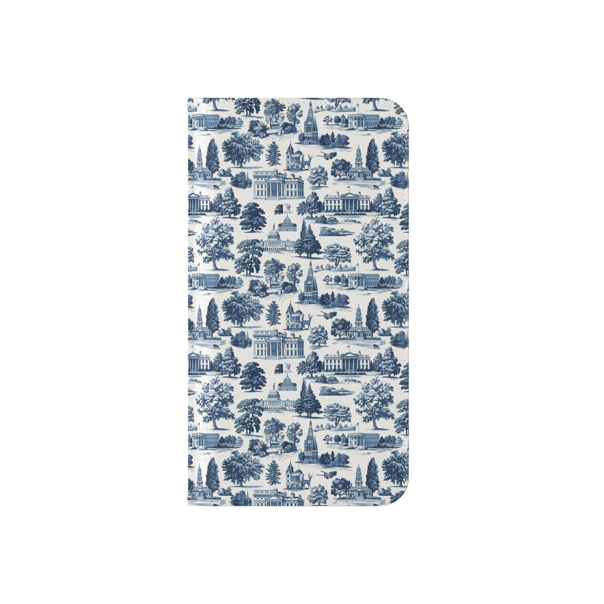 Vintage Toile Flip Phone Case — Blue Scenic Wallet Cover with Card Slots