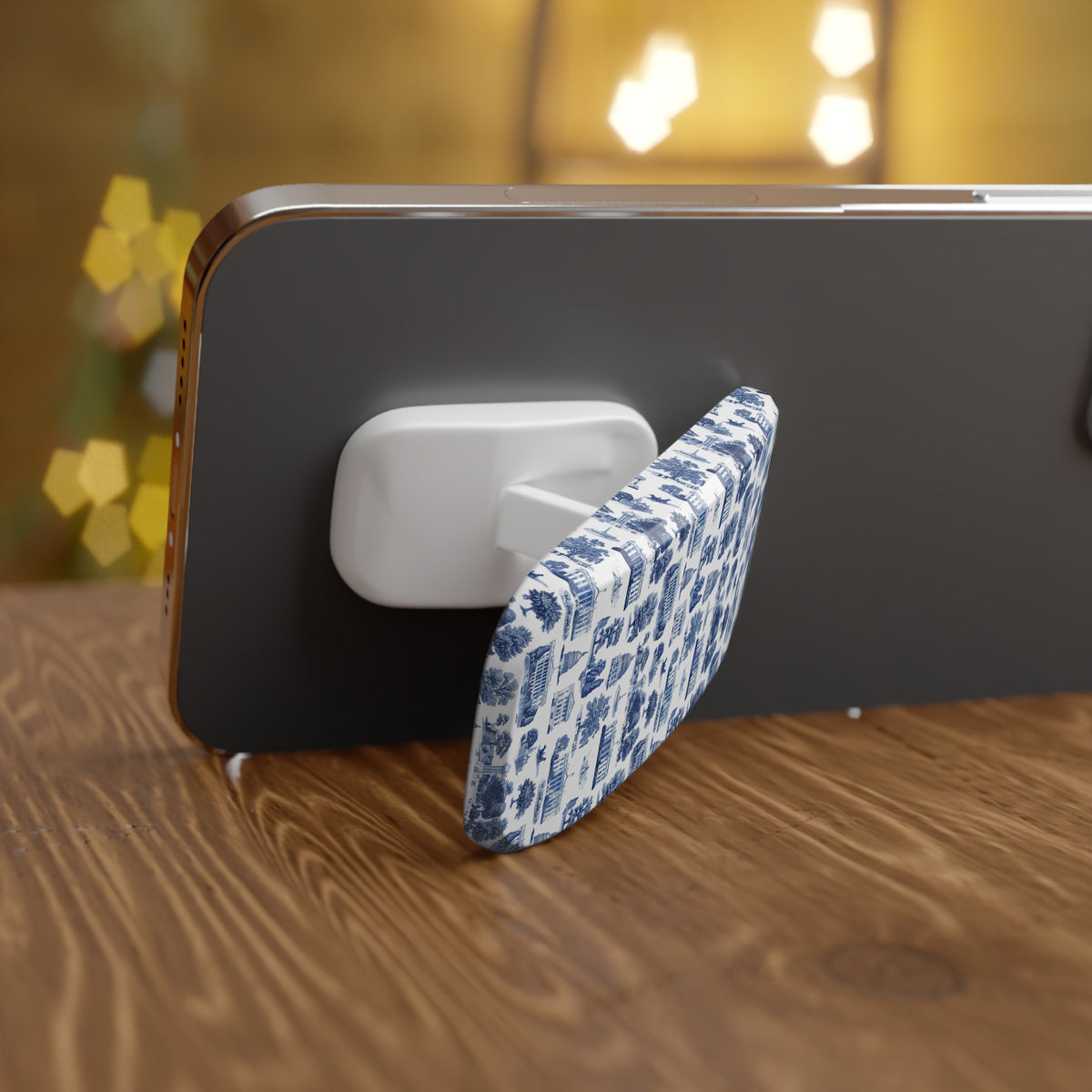 Blue Toile Cityscape Phone Grip — Click-On Stand & Hold
