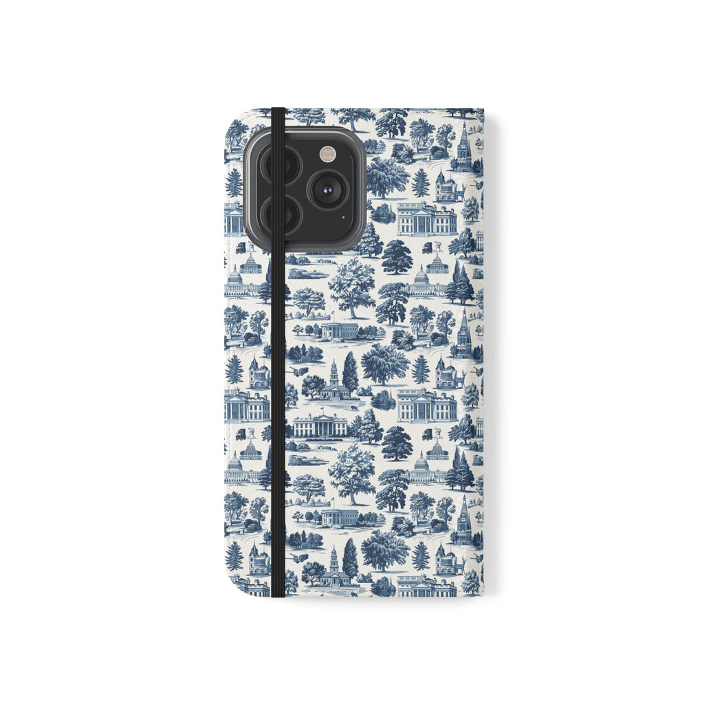 Vintage Toile Flip Phone Case — Blue Scenic Wallet Cover with Card Slots