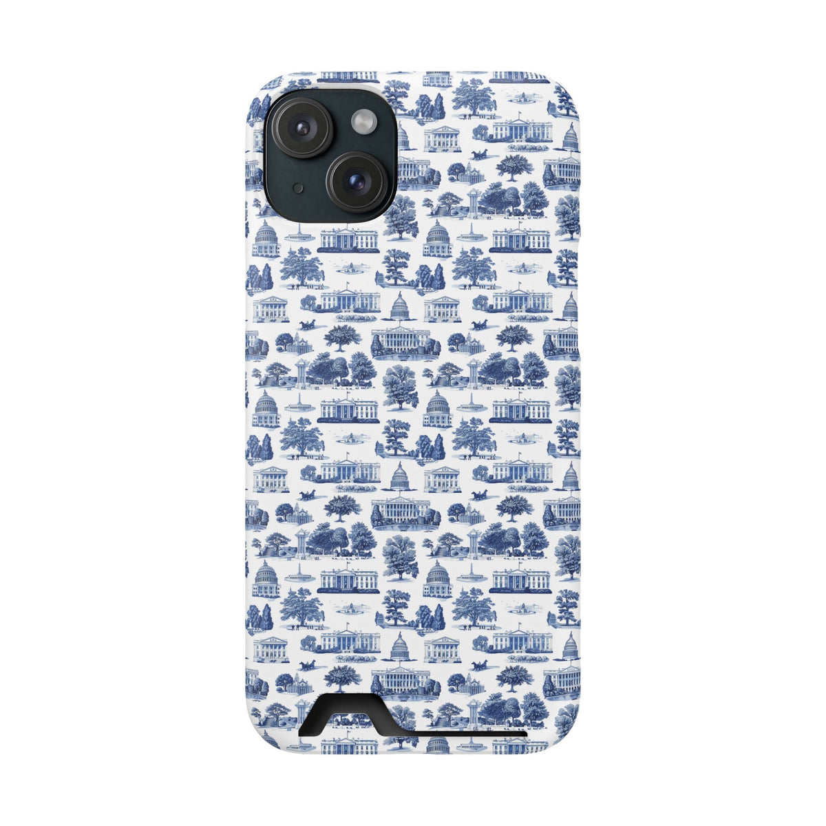 Blue Toile Phone Card Case — Slim Wallet Phone Case with Scenic Pattern