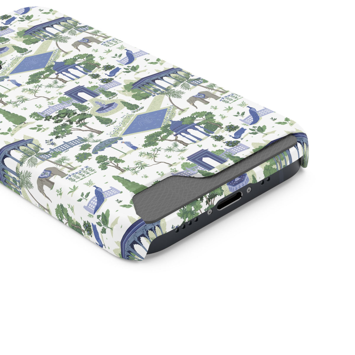 Garden Pavilion Cardholder Phone Case — Blue & Green Scenic Park Design